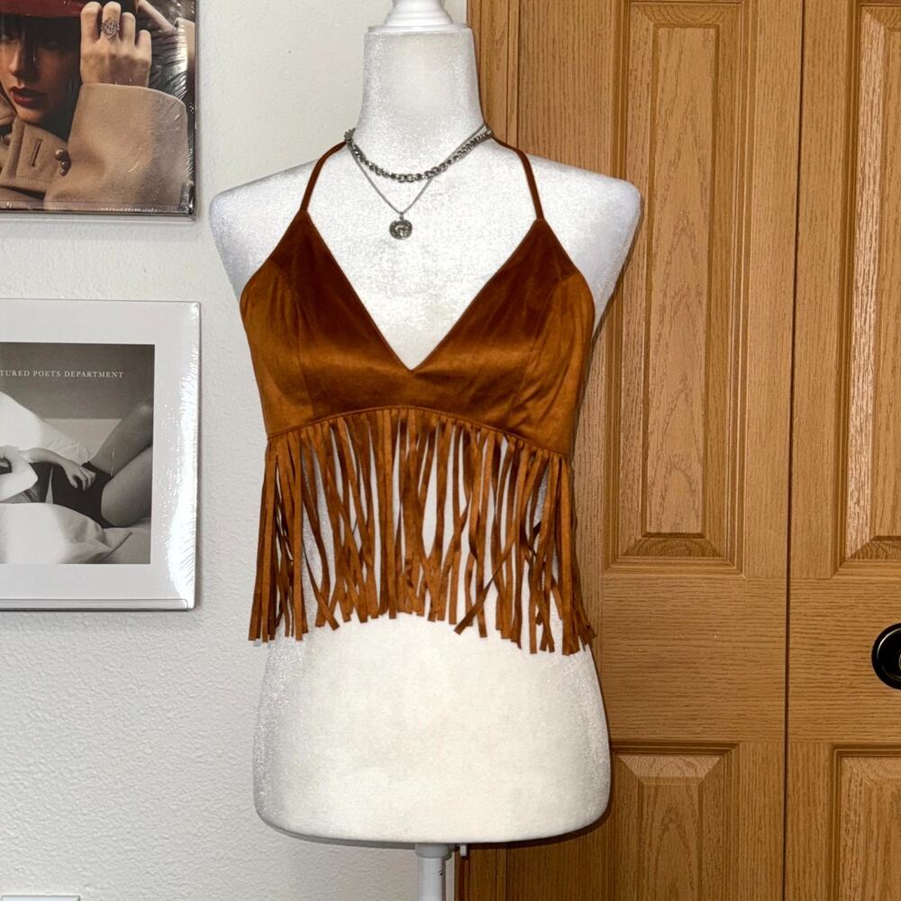 Noless Fringe Halter Crop Top Womens XL Tan Tie Back Festival Western Boho NWT